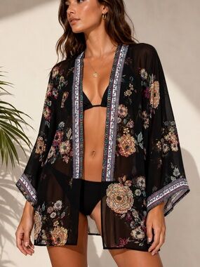 Xhilaration Black Floral Sheer Kimono Cover-Up with Trim